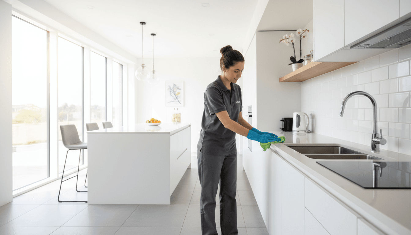 Professional cleaner wiping a kitchen counter in a bright, modern home