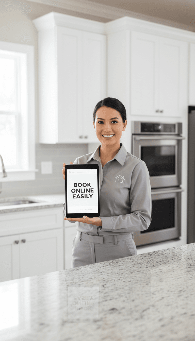 Homeowner scheduling a cleaning appointment on a laptop in a bright kitchen